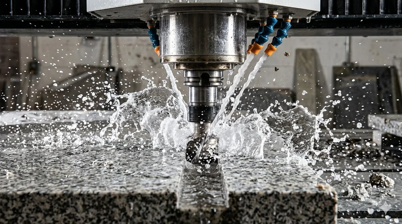 A stone router cutting granite under high-pressure water jets